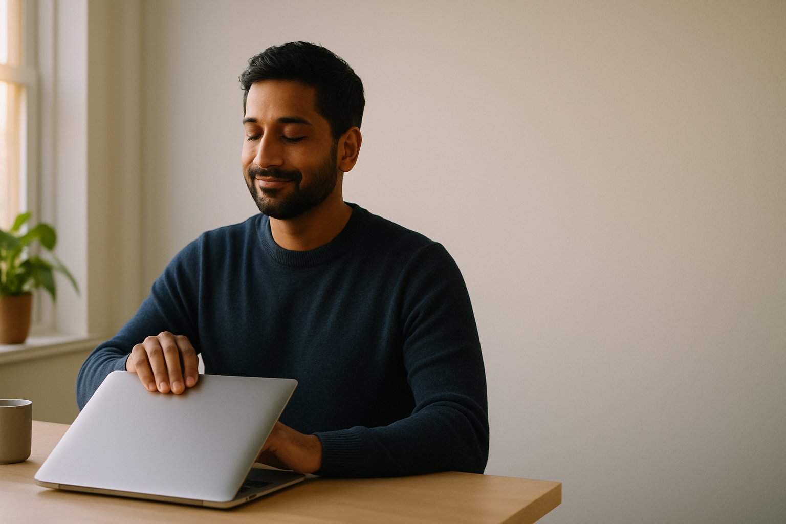 A relaxed engineer in a soft ink-navy sweater gently closing a laptop
